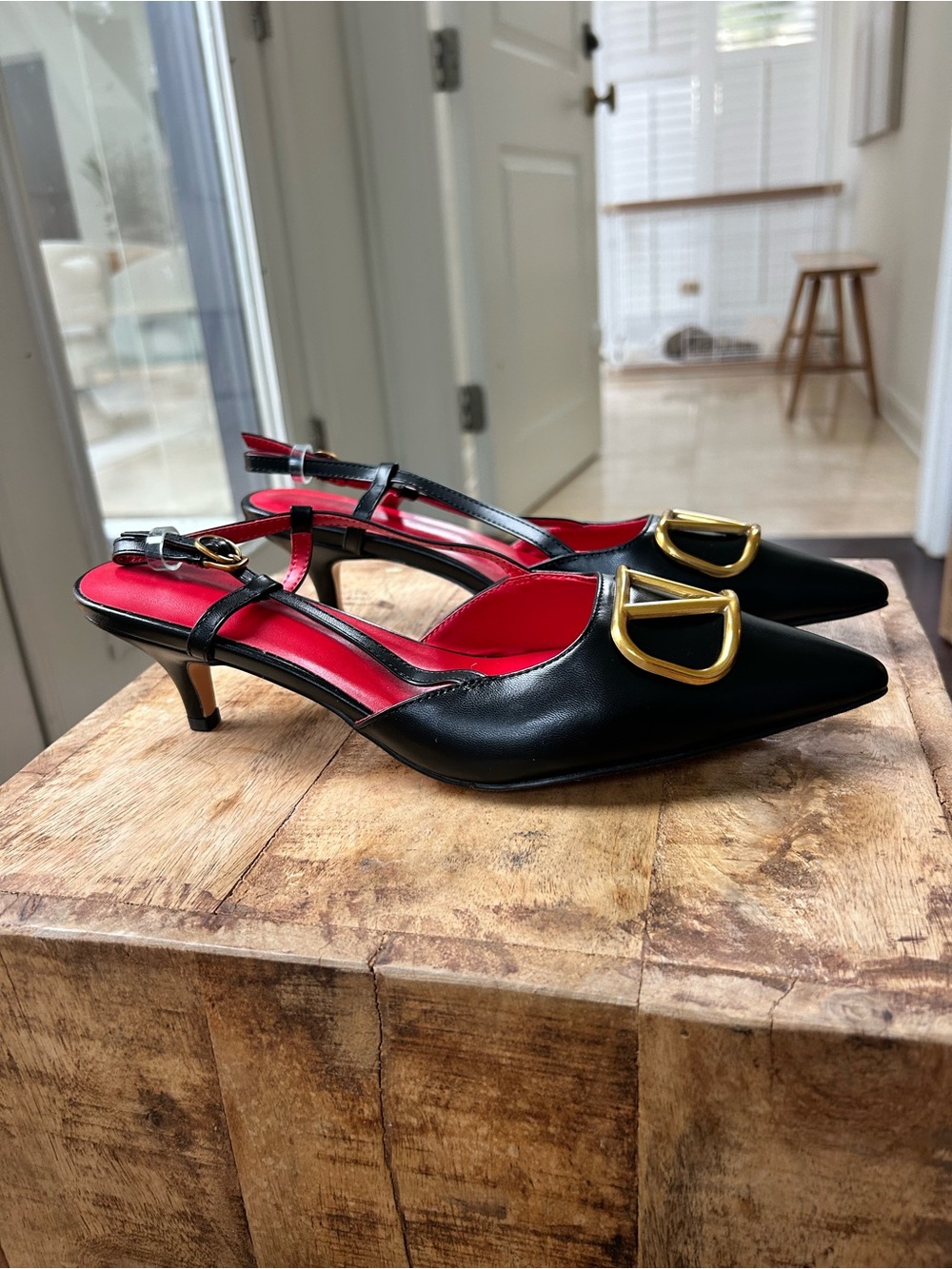 Valentino Black Pointed Slingback Heels with Gold Emblem and Red Insole - Picture 3 of 4
